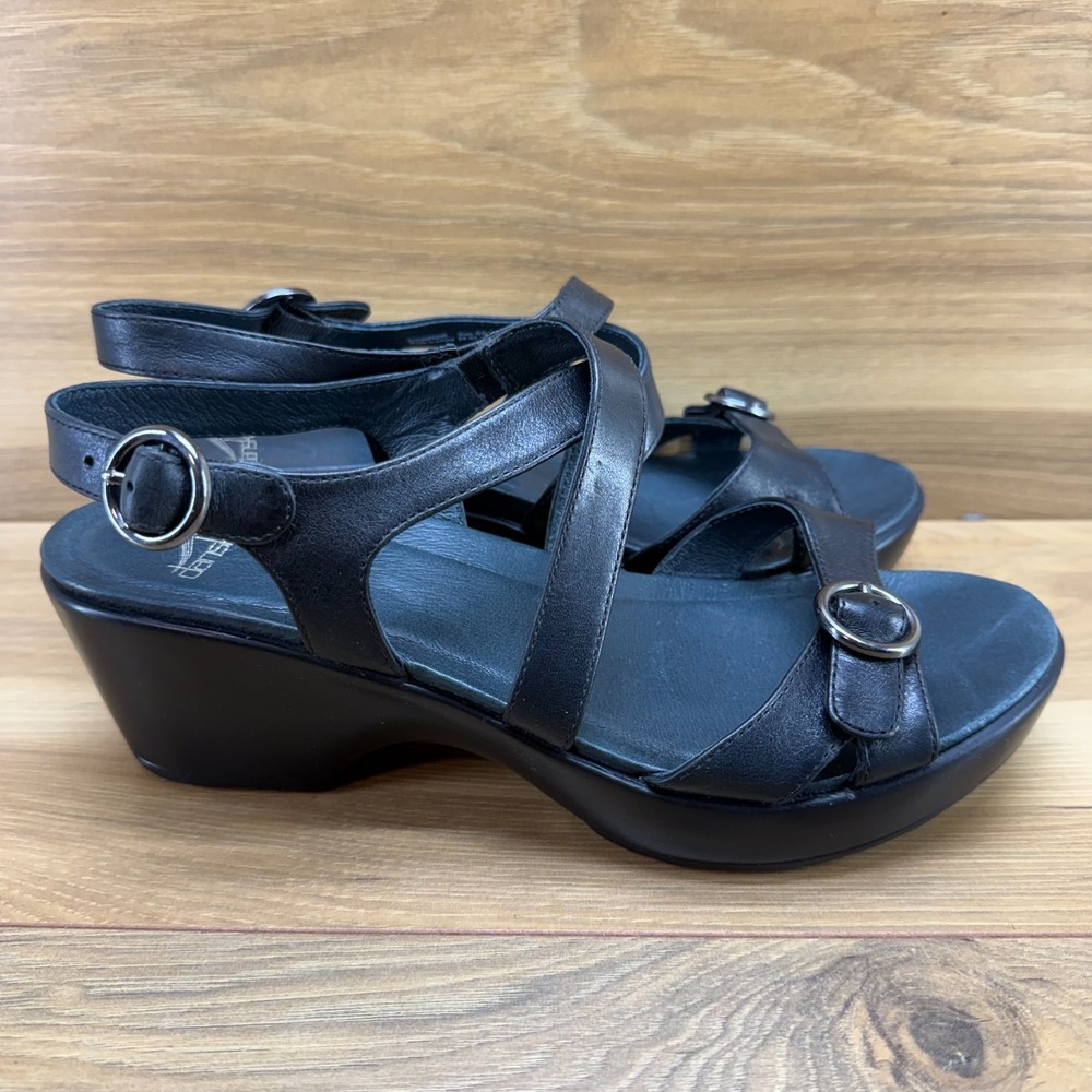 DANSKO Julie Strappy Sandals Womens 10 EU 40 Black Leather Wedge Casual Comfort